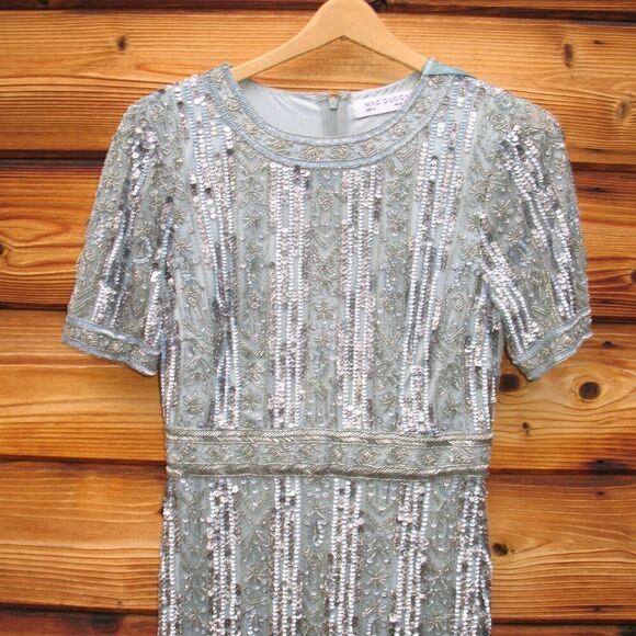 Mac Duggal 5980 Blue High Neck Short Sleeve Crystal Fringe Column Dress - Picture 7 of 15